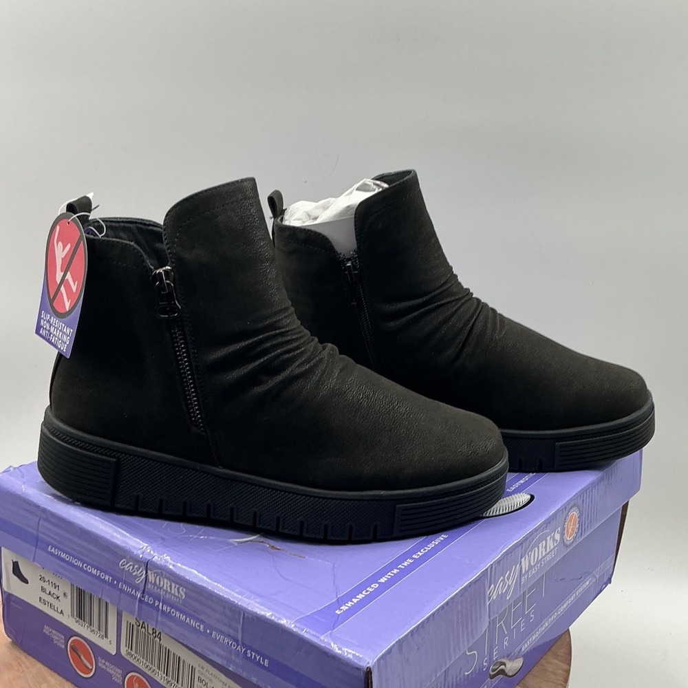 Easy Works by Easy Street Estella Black Ruched Ankle Boots Size 9 WW 20-1191